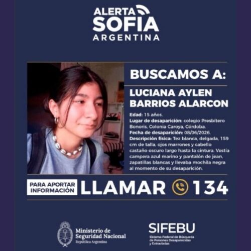 Activan la Alerta Sofía por la desaparición de Luciana Barrios Alarcón en Colonia Caroya