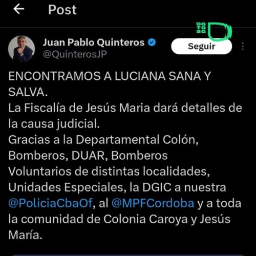 Córdoba: El ministro Juan Pablo Quinteros confirmó que Luciana fue encontrada sana y salva